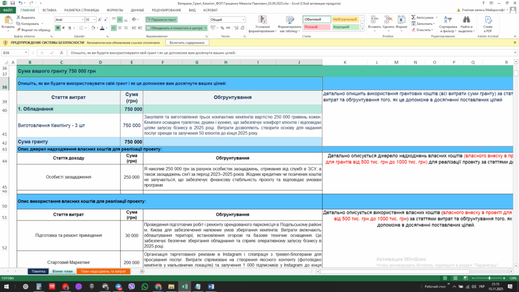 Приклад бізнес плану Грант для Ветеранів