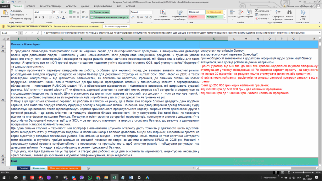 Приклад Бізнес-Плану - Грант для ветеранів: бізнес-план "Послуги Поліграфу"в Києві