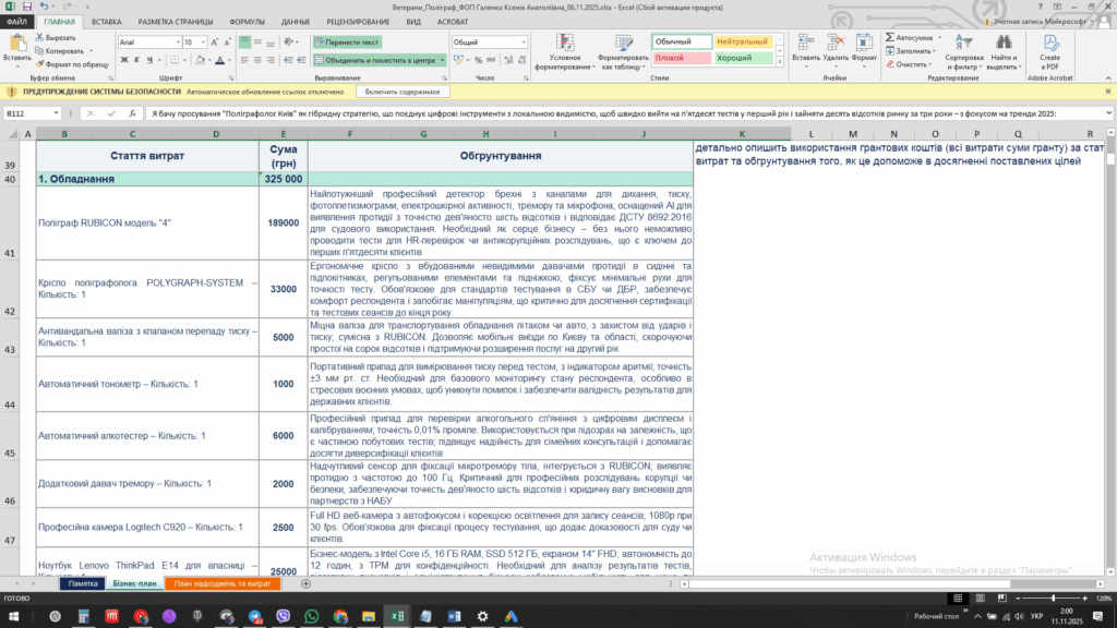 Приклад Бізнес-Плану - Грант для ветеранів: бізнес-план "Послуги Поліграфу"в Києві