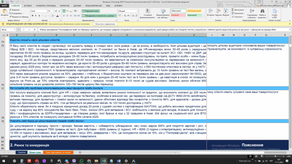 Приклад Бізнес-Плану - Грант для ветеранів: бізнес-план "Послуги Поліграфу"в Києві