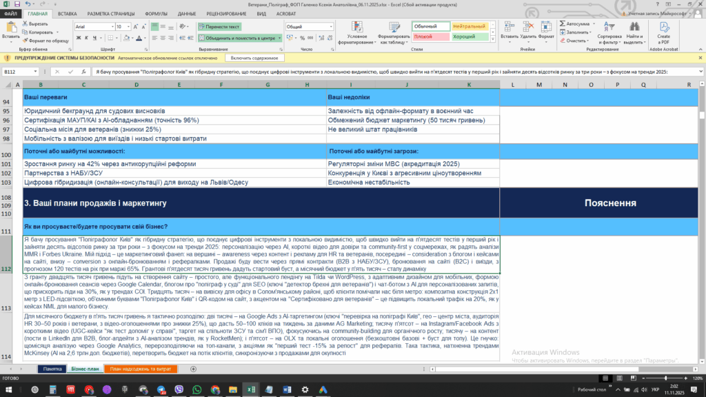 Приклад Бізнес-Плану - Грант для ветеранів: бізнес-план "Послуги Поліграфу"в Києві