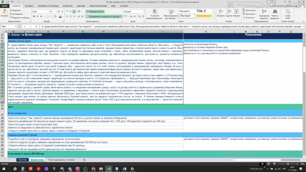 Це нішевий проєкт для ФОП, з фокусом на індивідуальний пошив, ремонт одягу, ... Приклад Бізнес-Плану - Грант на Власну Справу